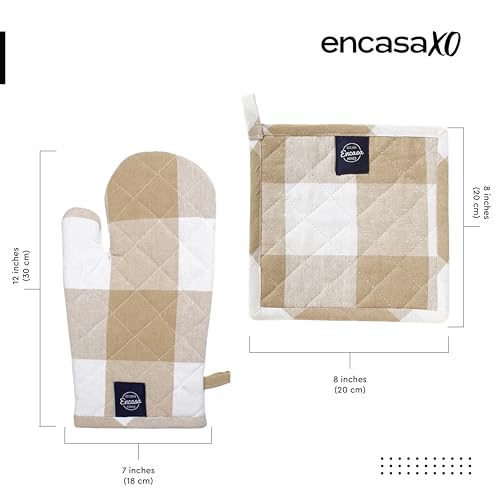 Image of Encasa XO Heat Resistant 100% Cotton Oven Glove & Potholder Set with Loop, Kitchen Cooking Mittens, Microwave Safe Hot Pads (Buffalo Beige Checks)