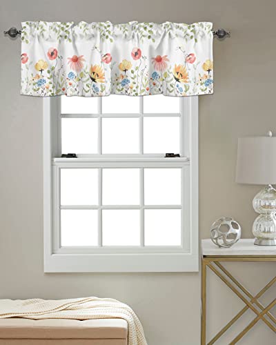 Windows Valances Curtain Spring Floral Kitchen Valances Rod Pocket Flower Green Leaves Window Treatment Short Topper Curtains For Kitchen Living Room Bedroom Bathroom Home Decor 1 Panel, 54 X 18 Inch #TOP4