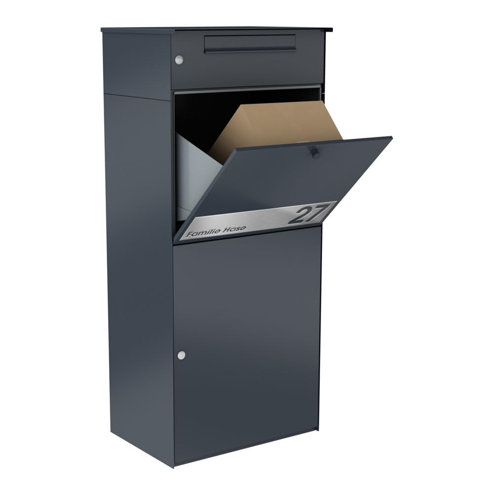 KNOBLOCH Briefkasten mit Paketbox KNOBOX PRO 11 - mit Gravur personalisiert, XXL Paketkasten, rostfrei wetterfest, Anthrazit RAL7016
