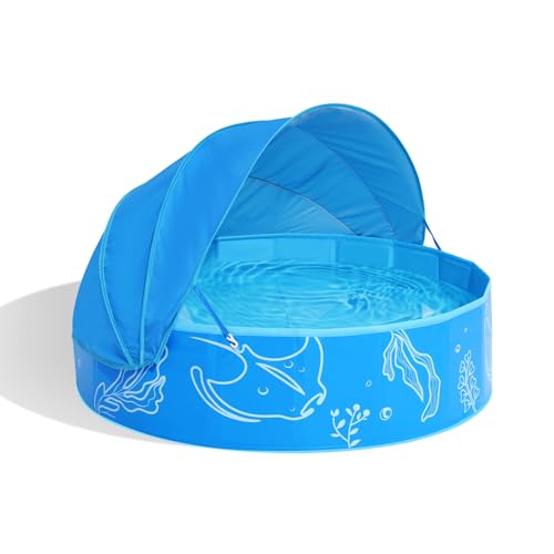 Hikiddy Foldable Kiddie Pool with Canopy: 47in Baby Pool and Beach Tent for Toddlers Infants 6-12 Months and Kids 2-4 Years Old - Portable Water Play with Shade for Outdoor Backyard Beach (Blue-Blue)