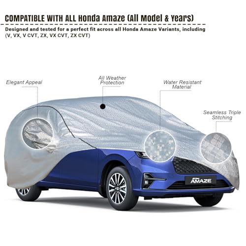 Image of Pivalo Car Cover for Honda Amaze All Model & Years (2013-2025) 100% Waterproof with Mirror Pockets, Triple Stitched Bottom Elastic Dustproof Full Body Protection (Heat & UV Resistant, Silver)