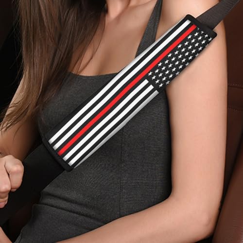 2-Pack USA Flag Thin Red Line Car Seat Belt Pads – Premium Soft Fabric, Comfortable and Supportive – Ideal for Cars, Trucks, SUVs – Show Your Support for Firefighters