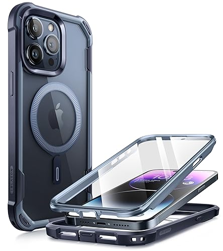 Image of i-Blason AresMag for iPhone Pro Max Case with Built-in Screen Protector, Clear Full-Body Anti-Slip Shockproof Rugged Bumper Case Compatible with MagSafe (Navy)