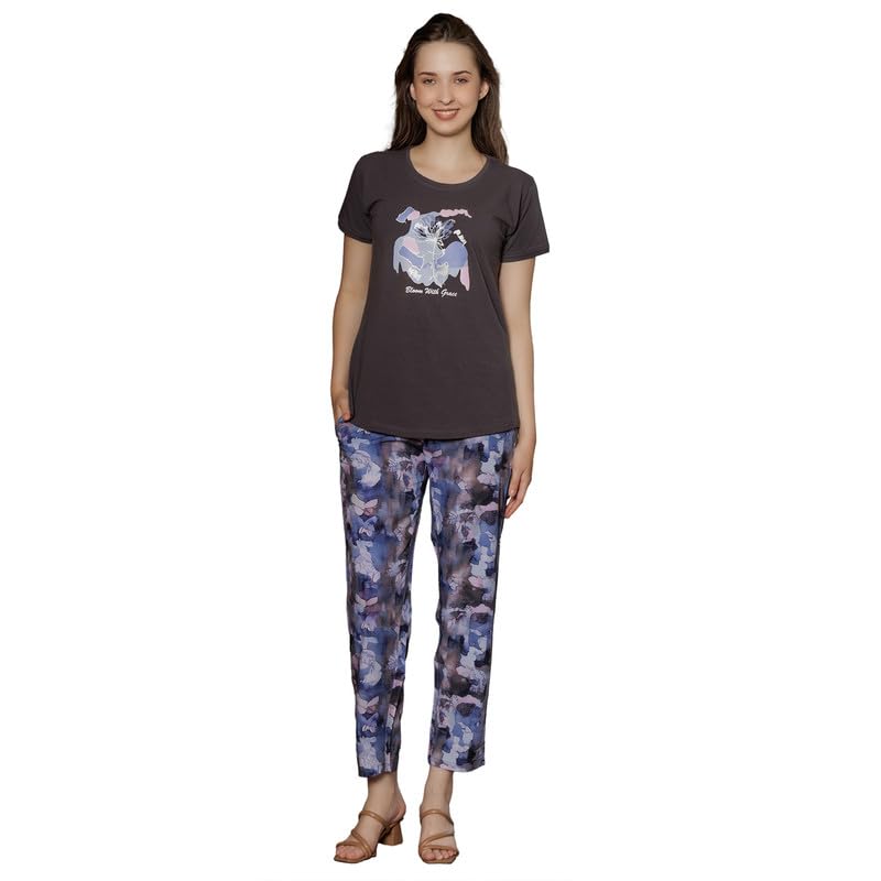 Riza Cotton Lycra Fabric T-Shirt and Imported Rayon Fabric Pyjama Relaxed Fit Printed Night Suit Set/NS-2214