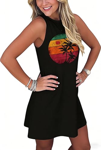 Image of Sun Salt Sand Coconut Tree Tank Mini Dress for Women Sleeveless Beach Praty Shirts Summer Vacation Short Mini Dresses