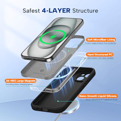 Image of Miracase Magnetic for iPhone 15 Plus Case, [Soft Anti-Scratch Microfiber Lining], Compatible with MagSafe, Liquid Silicone Shockproof Drop Protection Phone Case for 15 Plus, Black