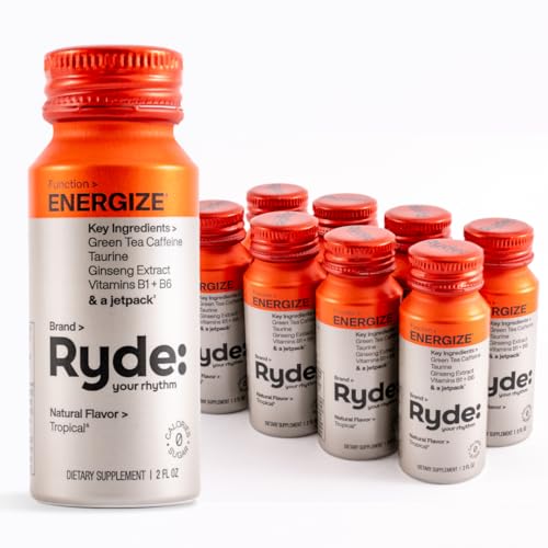 RYDE: Energize Shot | Tropical Flavor | Caffeine & B Vitamins | 0 Calories, 0 Sugar | 2 FL OZ Shots | Boosts Energy* (8 Pack)