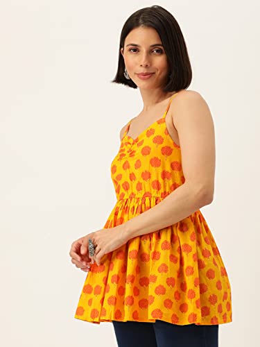 Image of FABRIC FITOOR Cotton Yellow & Orange Floral Print Strapped Peplum Top Girls /Women's /Ladies
