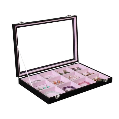 Stratalife Jewelry Organizer Bracelet Holder Organizer Box Earring Storage Drawer Jewelry Display Anti Tarnish Ring Holder For Women Girls 12 Grid (Beige Black)