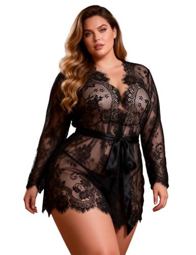 Chemise de nuit grande taille avec kimono et g-string pour femme