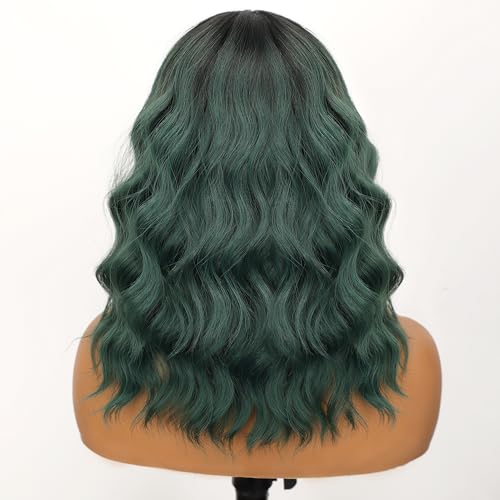 Image of Nnzes Ombre Green Wigs with Bangs for Women Short Bob Synthetic Wigs Shoulder Length Wavy Heat Resistant Hair for Daily Party Use