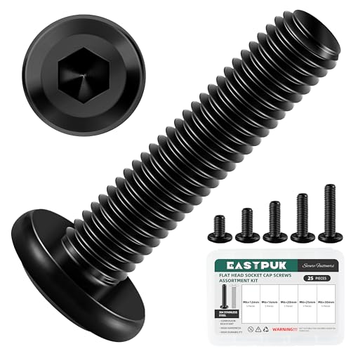 EASTPUK 25Pcs M6 Bolts x 12/16/20/25/30mm Flat Head Hex Socket Cap Screws and Bolts Assortment Kit 304 Stainless Steel, Black Oxide Finish Furniture Bolt with Hex Key