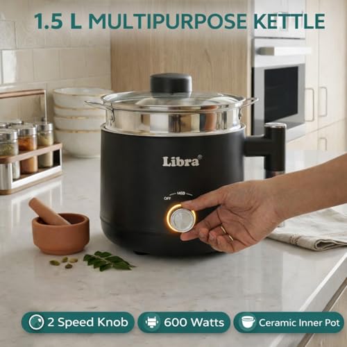 Image of Libra Multipurpose Electric Kettle with Steamer & Egg Boiler | 1.5L Capacity | Ceramic Non-Toxic Inner Pot | Boil, Steam, Eggs | Auto Shut-Off, Dry-Boil Protection | 600W | Travel & Hostel Friendly