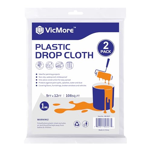 VicMore 2-Pack Plastic Drop Cloth 9x12 Feet - Waterproof and Clear Tarp for Painting, Furniture Protection, and Floor Covering - Durable Multipurpose Sheeting