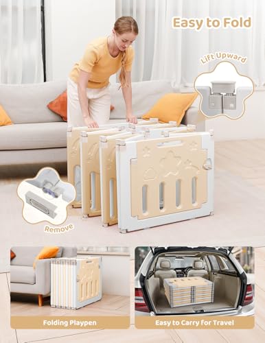 Baby Playpen, Dripex Baby Playard for Babies and Toddlers, 14-Panel Foldable Playpen Adjustable Portable Play Area, Indoor/Outdoor Kids Active Center with Game Panel & Safety Gate, Yellow White
