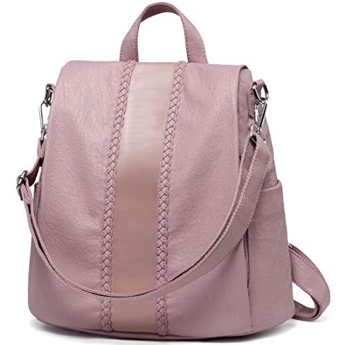 VASCHY Rucksack Damen, Wasserabweisend Kunstleder Diebstahlsicherer Rucksack Elegant Casual Daypack für Frauen Hochschule Mädchen mit Verstellbaren Trägern und Vintage Weave (Rosa)