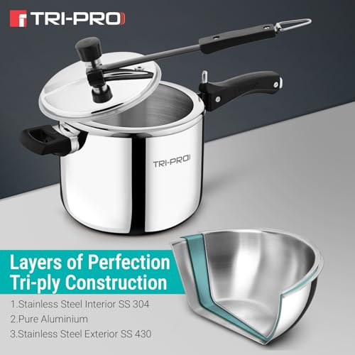 Image of Bergner TriPro Tri-Ply Stainless Steel 5 L Inner Lid Pressure Cooker, Bakelite Safe Grip Handle, Triply Bottom, Healthy Cooking, Even and Faster Heating - Induction and Gas Stove Ready