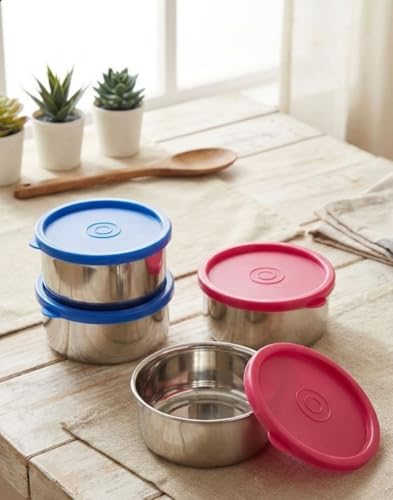 Image of Stainless Steel Food Storage Containers, Set of 4, 250ml each, Airtight Lids, Compact Kitchen Boxes for Snacks and Meal Prep, colors may vary of lids