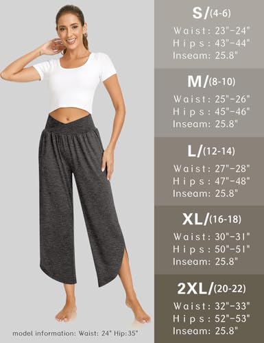 Image of TARSE Women's Wide Leg Yoga Pants Cross High Waist Flowy Split with Pockets | Comfy Lightweight Stretch, Flare Hem Cropped, Loose Dance Pants, Travel & Lounge, Everyday Casual Wear