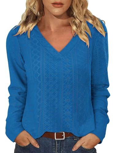 KISSMODA Long Sleeve Fall Shirts For Women V Neck Tunic Tops Embroidered Button Down Knitted Blouses 2025