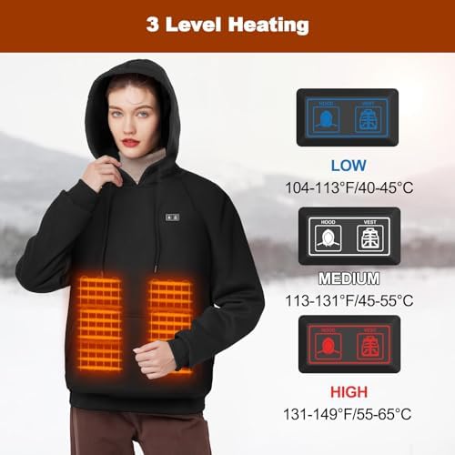 Wodesid Verwarmde Jas Hoodie Capuchontrui met 7,4V Accu en Capuchon, Outdoor Verwarmde Jas Capuchonjack voor Heren Dames met 3 Verwarmingsstanden Sweatshirt, XXL