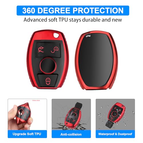 Image of QBUC for Mercedes Benz Key Fob Cover(Red) | Key Fob Case for Mercedes Benz C E M S CLS CLK GLK GLC G Class, TPU Full Protection Key Fob Smart Key Fob Case