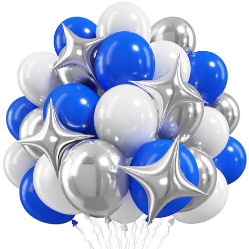 Image of Royal Blue and Silver Balloons for Graduation Party Decorations, 12In Dark Navy Blue and White Balloons with Metallic Silver Star Balloon for Graduation Father's Day Birthday Baby Shower Party Decor