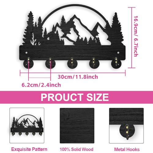 ORIGACH Black Mountains and Forests Wooden Key Holder for Wall 30×16.9cm Wood Key Rack with 5 Metal Hooks Wall Mounted Mountains Key Hooks for Front Door Kitchen Entryway Hallway - Image 2