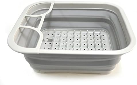 SAMMART Collapsible Dish Drainer with Drainer Board - Foldable Drying Rack Set - Portable Dinnerware Organizer - Space Saving Kitchen Storage Tray (Grey)