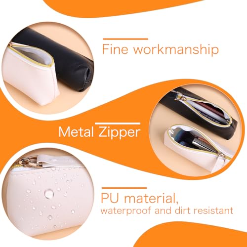 Image of 2Pcs Leather Pencil Case, Zipper Small Pencil Pouch, Aesthetic Portable Travel Cosmetic Bag, Lovely Stationery Bag for Pens Pencils Markers(Beige+Black)