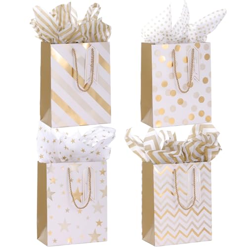 4pcs Gift Bags (9x7x4 inch) With Tissue Paper and Gift Tags for Women Mens Birthday Valentines Day Christmas Small Business All Occation (Gold)