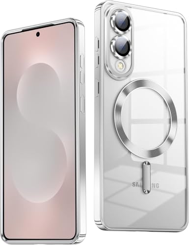 Image of VONZEE Clear Logo Electroplating Transparent Clear Case for Samsung Galaxy S25 Edge 5G, Magnetic Plating [Support for MagSafe Charger] Electroplate TPU Cover-Silver