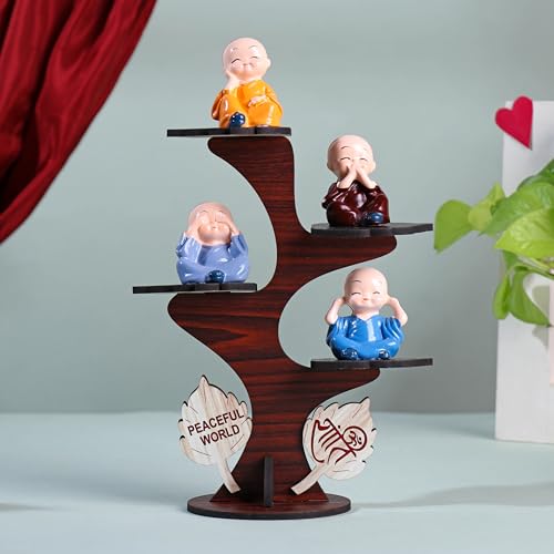 FlowerAura Decorative Set of 4 Adorable Buddha Monk Figurines With Wooden Stand For...
