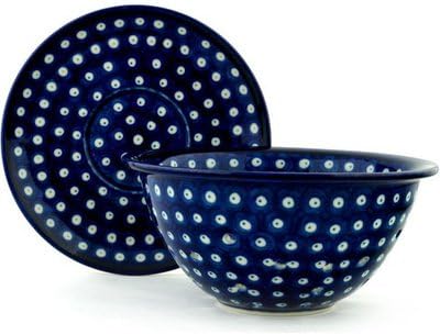 Polmedia Polish Pottery Colander with Plate - Blue Eyes Pattern Handmade in Boleslawiec Poland by Ceramika Artystyczna + Certificate of Authenticity