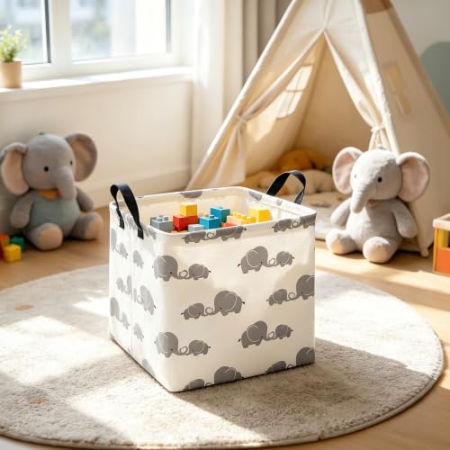 Image of Square Storage Baskets Children Shelves Gift Toy Organizer Room Elephant | Laundry Hamper Collapse Canvas with Handles for Organizing Home Kitchen Children Toys Office Closet Shelf