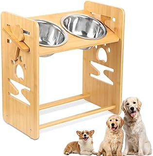JOLIGAEA Raised Pet Bowls, Pet Bowls with Stand for Dogs and Cats Adjustable Bamboo Feeder Dog Dishes with 2 Stainless Steel Bowls Dog Food and Water Bowls for Cat and Small&Medium Dog
