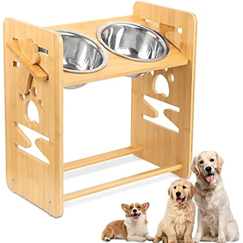 JOLIGAEA Raised Pet Bowls, Pet Bowls with Stand for Dogs and Cats Adjustable Bamboo Feeder Dog Dishes with 2 Stainless Steel Bowls Dog Food and Water Bowls for Cat and Small&Medium Dog Cover