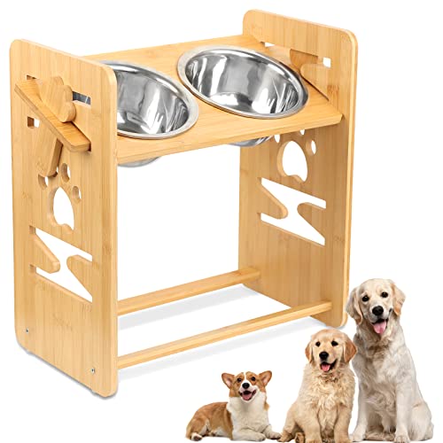 JOLIGAEA Comedero Ajustable para Mascota, Soporte para Mascotas Elevado, Comedero Elevado de Bambú para Perros y Gatos y comedero para Agua con Cuencos de Acero Inoxidable, 39 * 21 * 40 cm