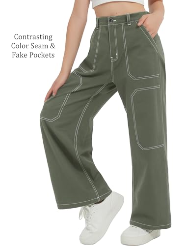 EXARUS Girls Wide Leg Jeans Cargo Baggy Denim Pants with Pockets Back Elastic Waist Mid Rise Teen Casual 8-14Y2