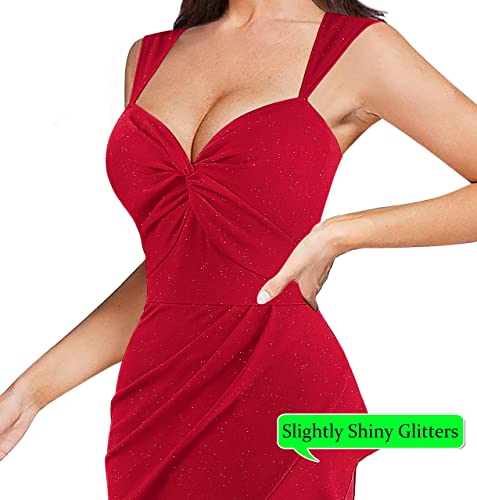Image of VFSHOW Womens Glitter Sweetheart V Neck Twist Front Backless Ruched Ruffle Slit Formal Evening Gown Maxi Dress