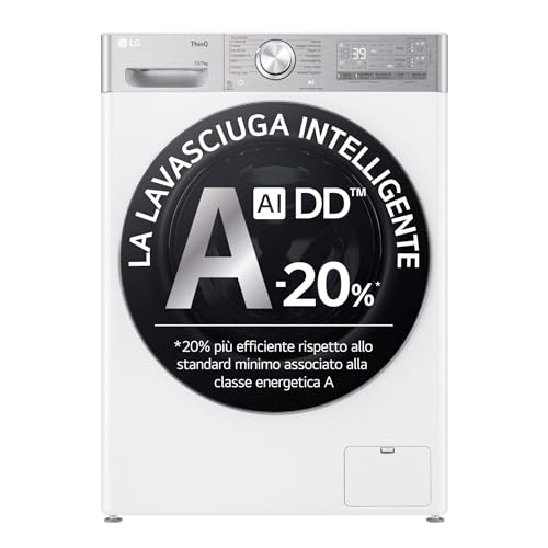 LG AI DD D4R9513TPWC Lave-Linge Sèche-Linge 13/7 kg Série R9 Classe D Lave-linge Sèche-linge 1400 tr/min TurboWash 360 Vapeur Steam+ et Anti-rides, Auto-dosage, Wi-Fi, Blanc