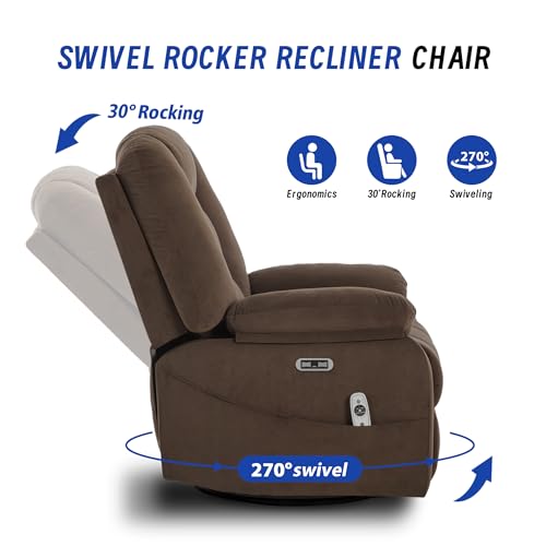 Image of Power Swivel Rocker Recliner Chair for Adults, Electric Rocking Recliner with Massage and Heat for Living Room Bedroom, Fabric Reclining Sofa Chair with USB and Type-C Ports,Brown