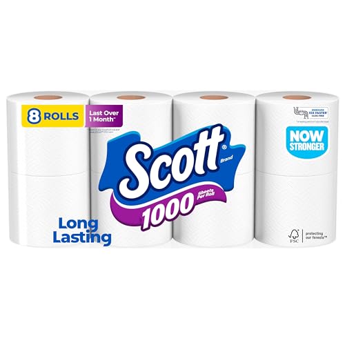 Scott 1000 Toilet Paper, 8 Rolls, Septic-Safe, 1-Ply Toilet Tissue