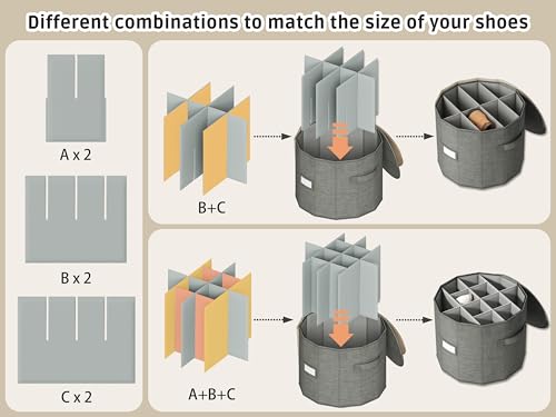 Vailando Shoe Organizer for Closet - Cylindrical Shoe Storage Organizer with Removable Dividers, Rectangular Compartment, Foldable, Gray, 1-Pack