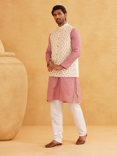 Sojanya (Since 1958 Men'S Silk Blend Pink Kurta & Cream Pyjama With Cream Embroidered Nehrujacket2