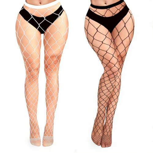 Image of Violet Mist 2 Pack Womens High Waist Fishnet Tights Large Net Fishnets Stockings Colorful Sexy Hollow Out Pantyhose