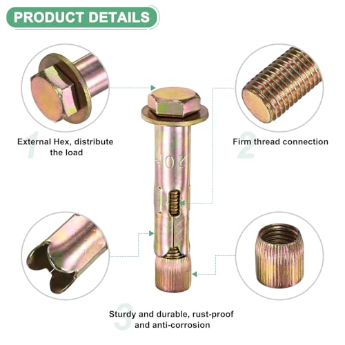 Image of M METERXITY 5-Pack Hex Expansion Bolt, M16x100mm Colored Galvanized Iron-Carbon Steel External Hex Expansion Bolts, Anti-Corrosion Metal Bolt for Concrete /Dry Brick /Block Walls
