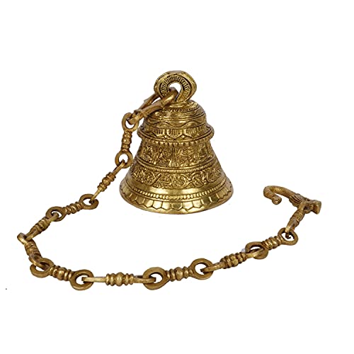 Kartique Religious Ethnic Indian God Lord Vishnu Dashavtar Engraved on Brass Hanging Bell- Gold, standard