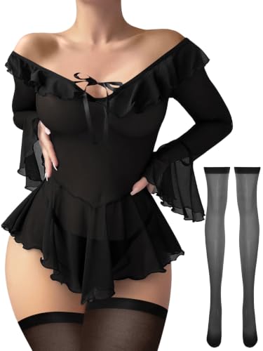 Image of Foxiny Sheer Ruffle Long Sleeve Babydoll Lingerie Dress | Off-shoulder neckline, flared cuffs and a flounce hem add movement; thong and thigh-high stockings complete the 3-piece set