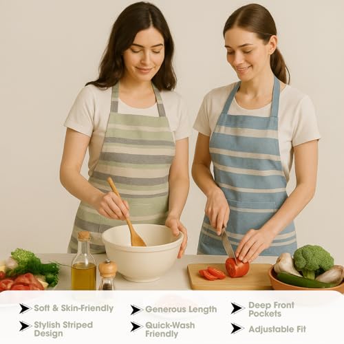 Image of Unisex Cooking Aprons | Waterproof Apron | Striped Design with 2 Front Pockets & Adjustable Neck Strap | Durable, Oil & Stain Resistant | Chef Apron for Cooking